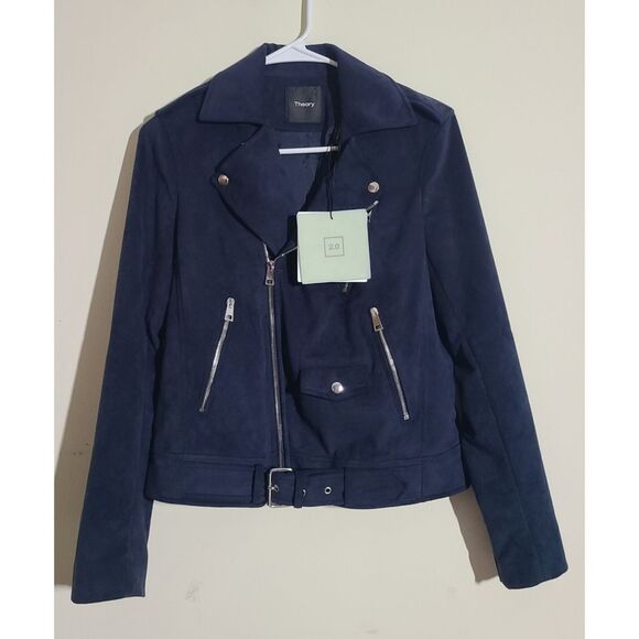 NWT|Theory Modern Moto 2.0 Fulton Navy Faux Suede Jacket - Picture 2 of 13